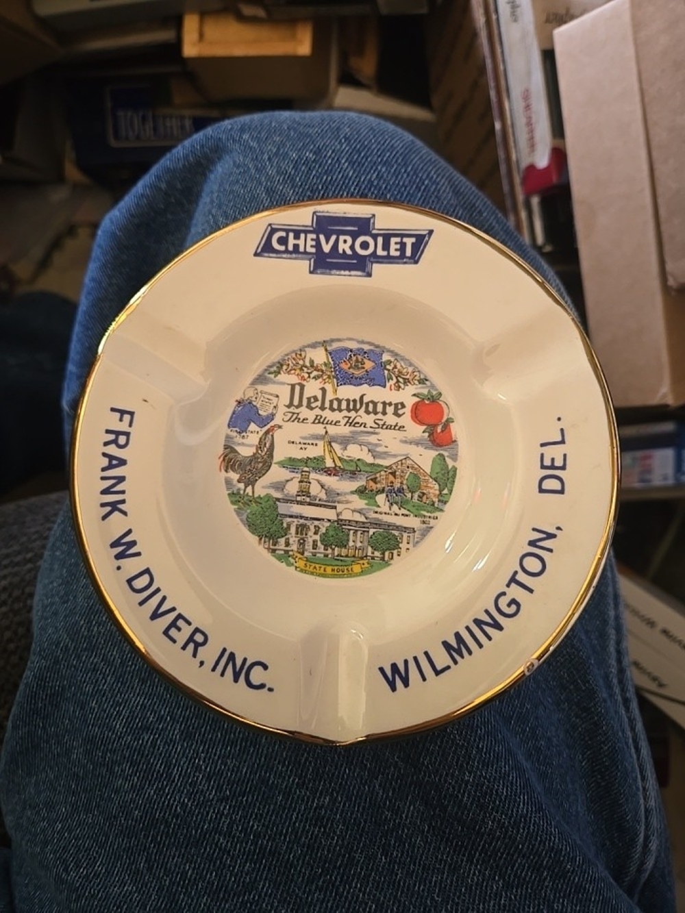 1950s Delaware Ceramic Ashtray with Blue Chevrolet Logo and Gold Trim
